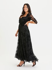 Scarlett & Jo Black Elizabeth Velvet Flocked Mesh Maxi Gown - Image 3 of 4