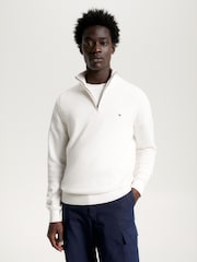 Tommy Hilfiger White Quarter Zip Cotton Blend Jumper With Cashmere - Image 1 of 6