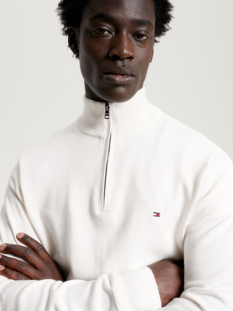 Wit - Tommy Hilfiger trui van een mix van katoen en kasjmier met kwartrits - Image 4 of 6