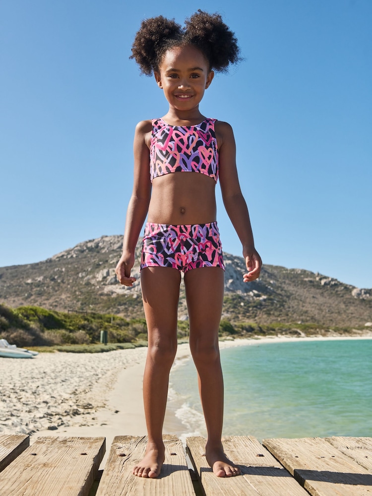 Black/Pink Hearts Sporty Bikini (3-16yrs) - Image 1 of 8