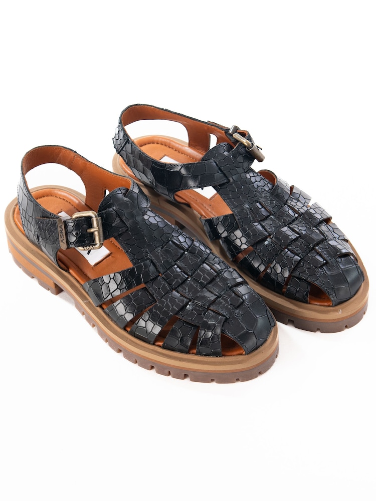 ASRA London Samo Croc Leather Gladiator Black Sandals - Image 2 of 3