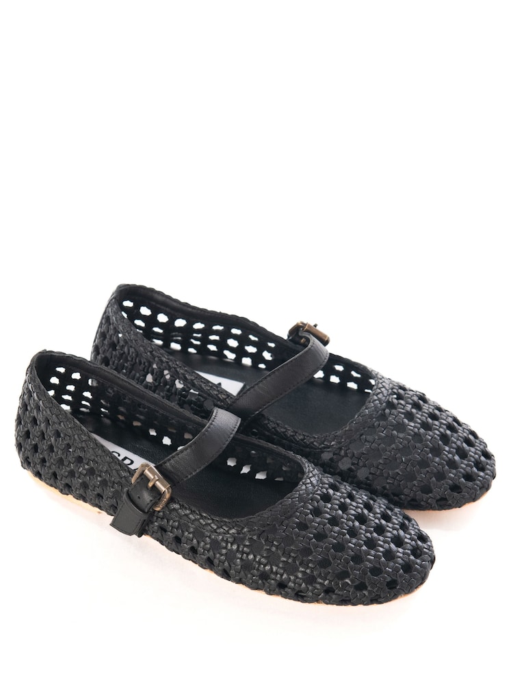 ASRA London Neve Woven Leather Strap Ballerina Black Shoes - Image 2 of 4