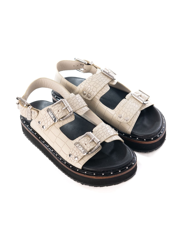 ASRA London Sami Croc Leather Studded White Sandals - Image 2 of 2 ASRA London Sami Croc Leather Studded White Sandals - Image 2 of 2