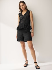 Emma Marella Klenia Broderie Peplum Sleeveless Black Top - Image 1 of 4