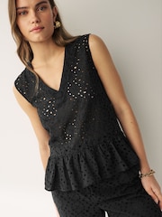 Emma Marella Klenia Broderie Peplum Sleeveless Black Top - Image 3 of 4