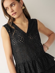 Emma Marella Klenia Broderie Peplum Sleeveless Black Top - Image 4 of 4