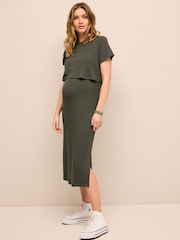 Khaki Green Maternity Nursing Short Sleeve Dress - Image 2 of 8