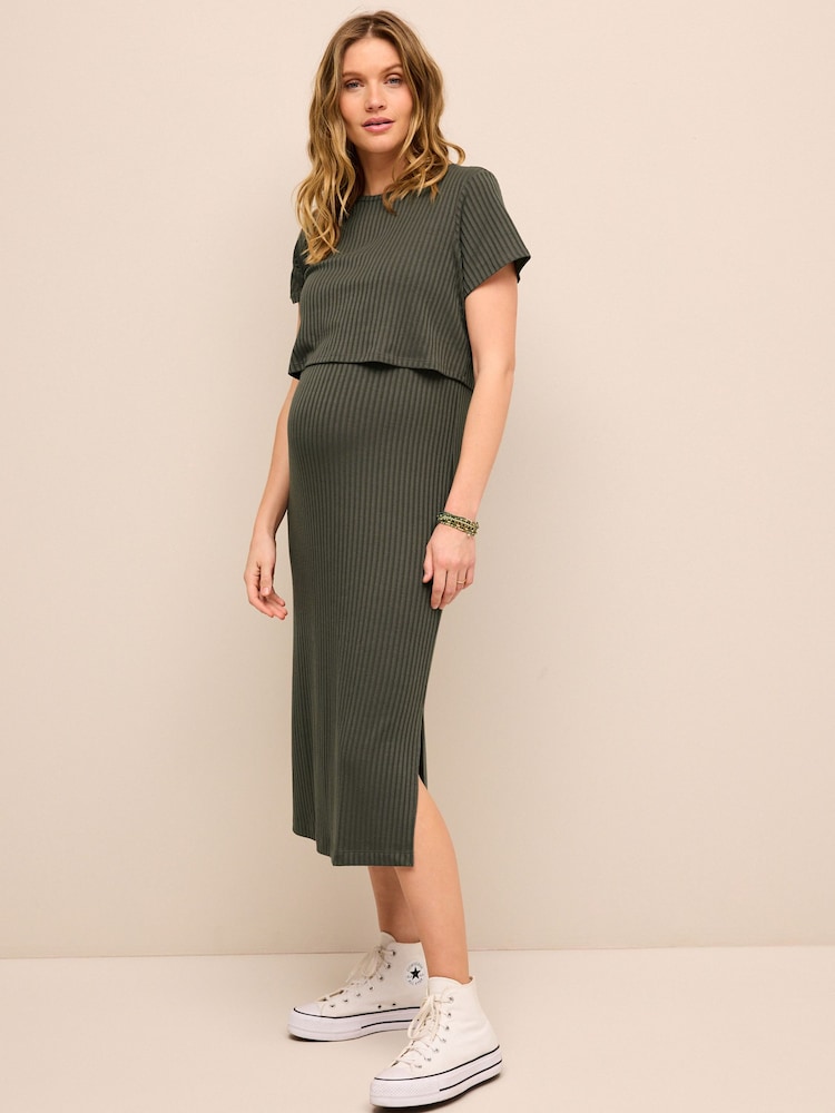 Khaki Green Maternity Nursing Short Sleeve Dress - Image 2 of 8