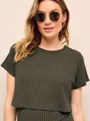 Khaki Green Maternity Nursing Short Sleeve Dress - Image 4 of 8