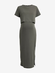 Khaki Green Maternity Nursing Short Sleeve Dress - Image 6 of 8