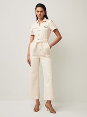 Paige Anessa Puff Sleeve White Jumpsuit w/ Self Tie - Quartz Sand - Image 1 of 7