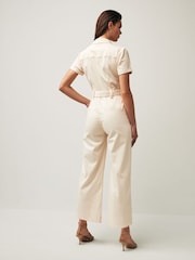 Paige Anessa Puff Sleeve White Jumpsuit w/ Self Tie - Quartz Sand - Image 2 of 7