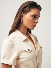 Paige Anessa Puff Sleeve White Jumpsuit w/ Self Tie - Quartz Sand - Image 6 of 7