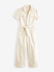Paige Anessa Puff Sleeve White Jumpsuit w/ Self Tie - Quartz Sand - Image 7 of 7