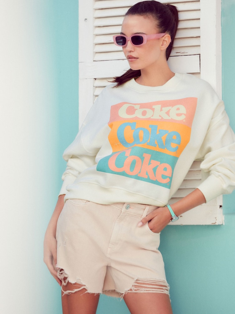 Ecru White License Coca Cola Summer Graphic Relaxed Fit Slogan Sweatshirt - Image 1 of 5