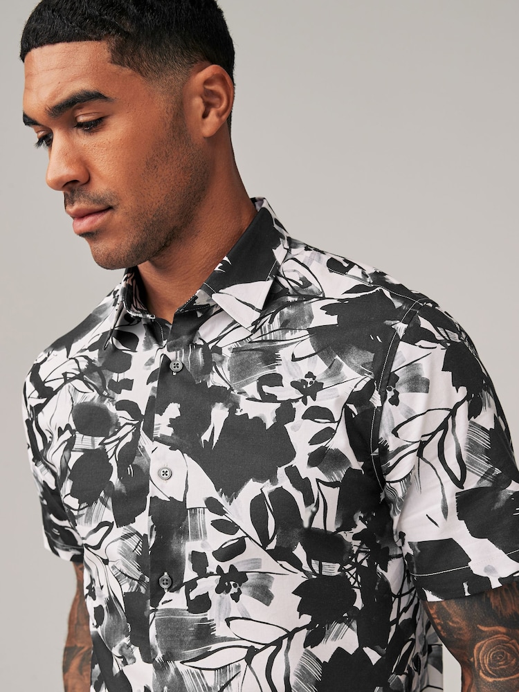 Black/White Regular Fit Printed Short Sleeve Shirt - Image 1 of 7 Black/White Regular Fit Printed Short Sleeve Shirt - Image 1 of 7