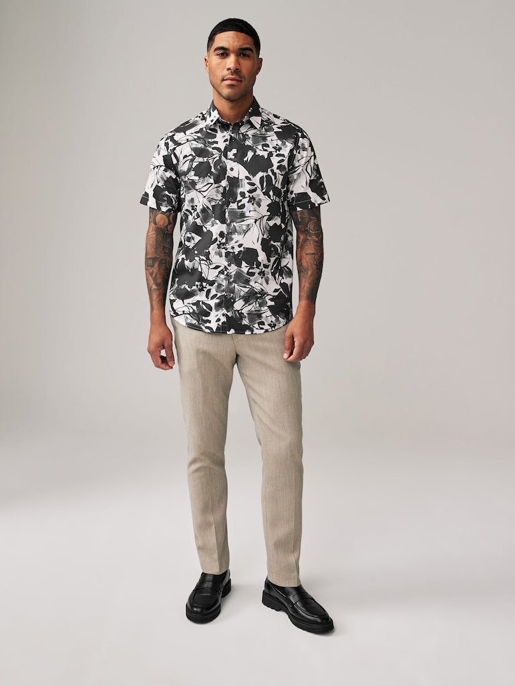 Black/White Regular Fit Printed Short Sleeve Shirt - Image 2 of 7 Black/White Regular Fit Printed Short Sleeve Shirt - Image 2 of 7