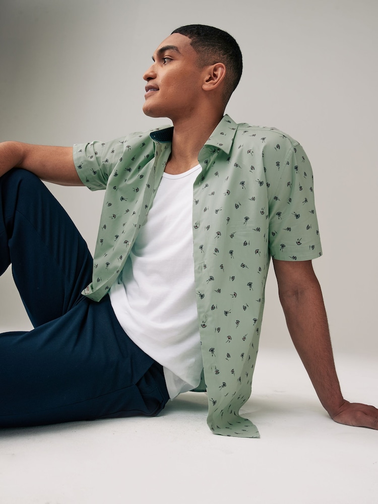 Sage Green Ditsy Floral Regular Fit Printed Short Sleeve Shirt - Image 1 of 9 Sage Green Ditsy Floral Regular Fit Printed Short Sleeve Shirt - Image 1 of 9