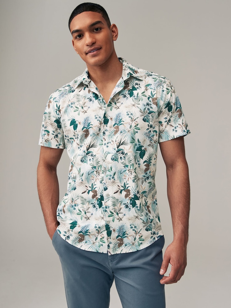 Ecru Hawaiian Regular Fit 100% Cotton Printed Short Sleeve Shirt - Image 2 of 8