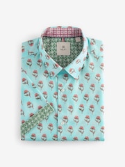 Turquoise Blue/Pink Floral Block Print Regular Fit Printed Short Sleeve Shirt - Image 1 of 3