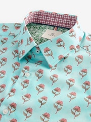 Turquoise Blue/Pink Floral Block Print Regular Fit Printed Short Sleeve Shirt - Image 2 of 3