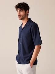 Navy Blue Textured Short Sleeve Shirt With Cuban Collar - Image 1 of 6