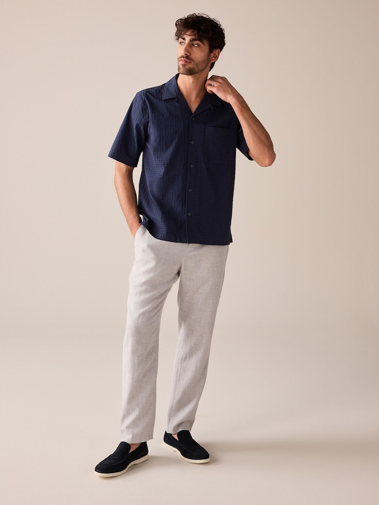 Navy Blue Textured Short Sleeve Shirt With Cuban Collar - Image 2 of 6