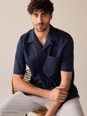 Navy Blue Textured Short Sleeve Shirt With Cuban Collar - Image 3 of 6