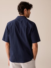 Navy Blue Textured Short Sleeve Shirt With Cuban Collar - Image 4 of 6