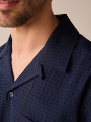 Navy Blue Textured Short Sleeve Shirt With Cuban Collar - Image 5 of 6
