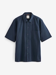 Navy Blue Textured Short Sleeve Shirt With Cuban Collar - Image 6 of 6