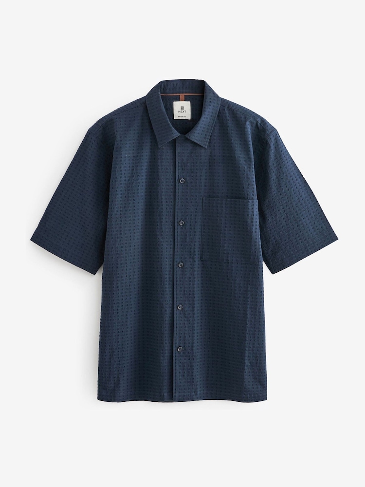 Navy Blue Textured Short Sleeve Shirt With Cuban Collar - Image 6 of 6