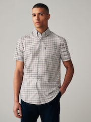 White/Green Gingham Easy Iron Button Down Short Sleeve Oxford Shirt - Image 1 of 7