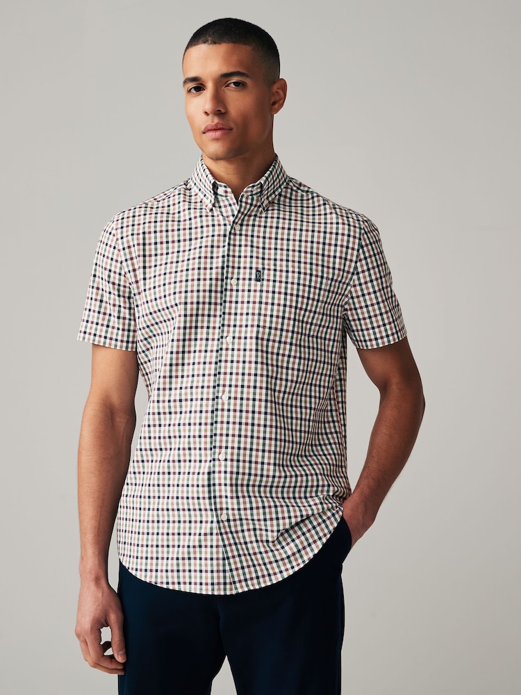 White/Green Gingham Easy Iron Button Down Short Sleeve Oxford Shirt - Image 1 of 7