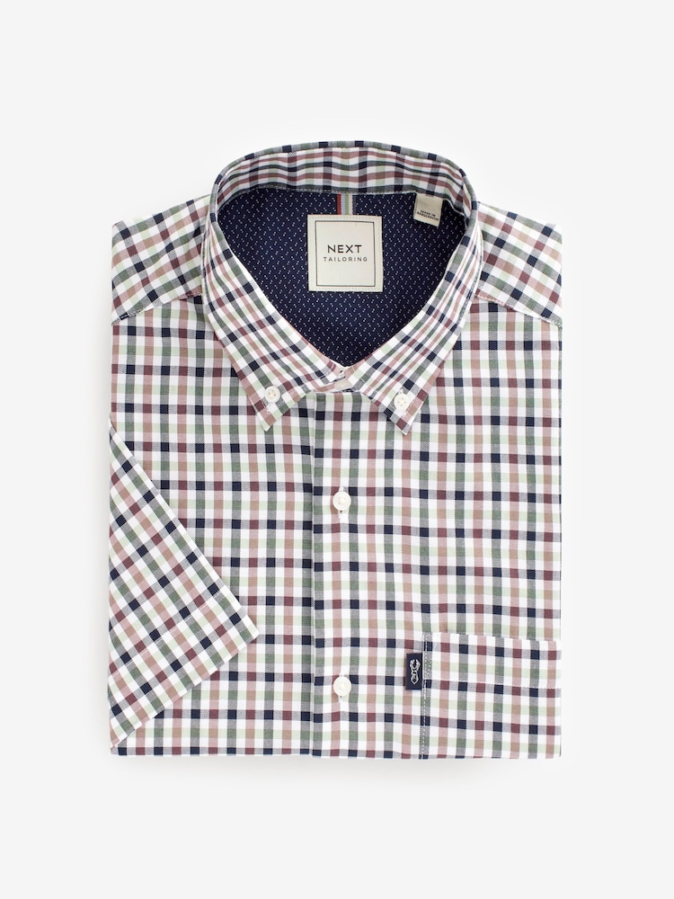 White/Green Gingham Easy Iron Button Down Short Sleeve Oxford Shirt - Image 5 of 7