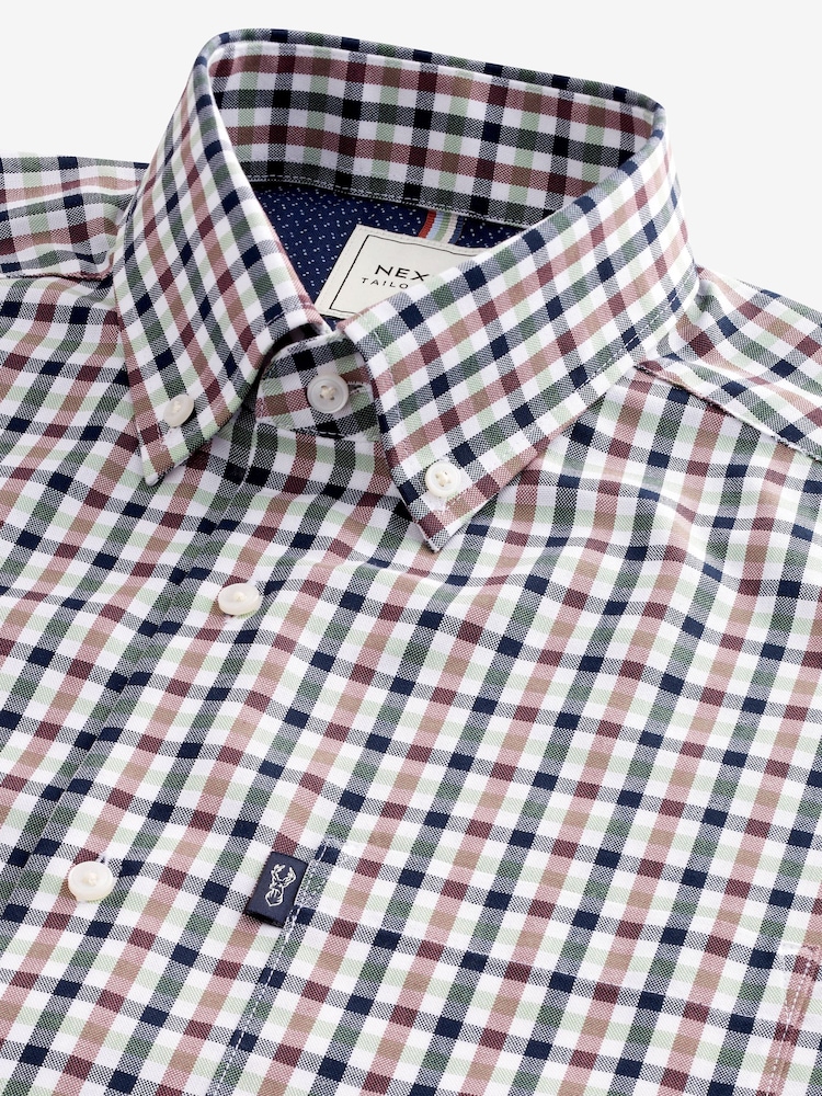 White/Green Gingham Easy Iron Button Down Short Sleeve Oxford Shirt - Image 6 of 7