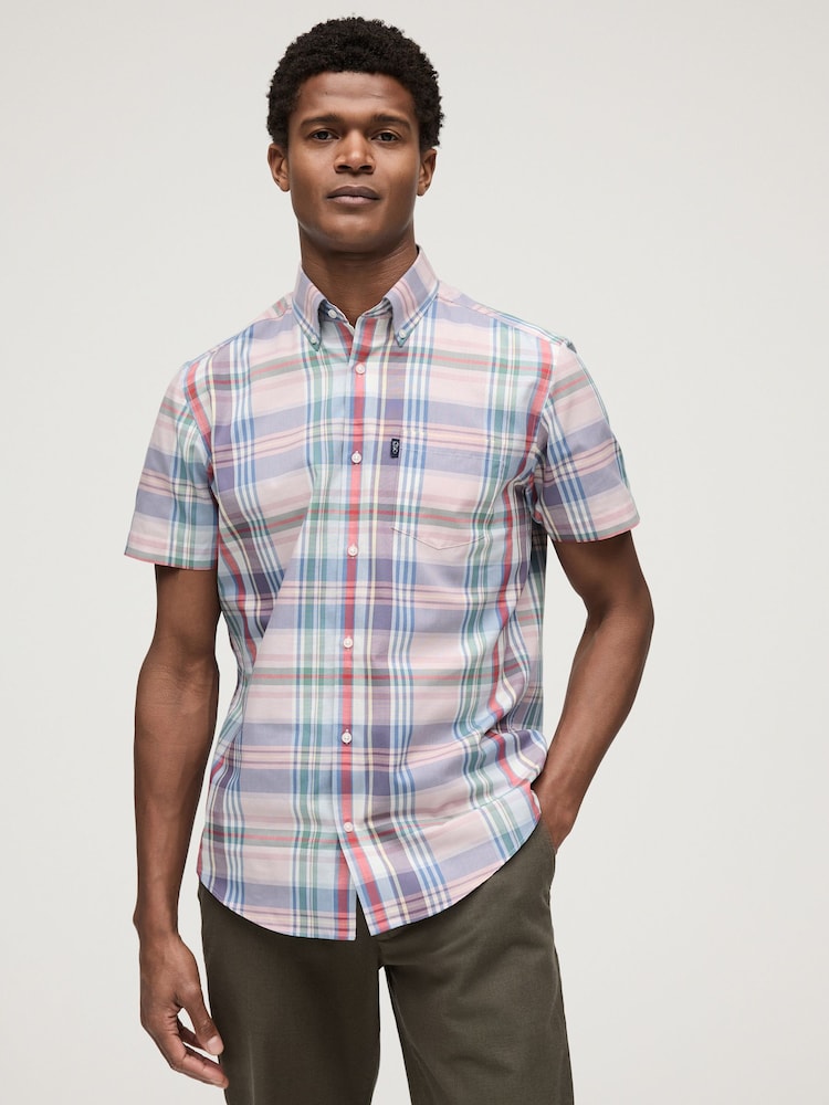 Light Pink Madras Check Easy Iron Button Down Short Sleeve Oxford Shirt - Image 1 of 7