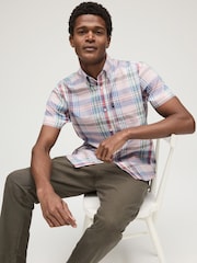 Light Pink Madras Check Easy Iron Button Down Short Sleeve Oxford Shirt - Image 3 of 7