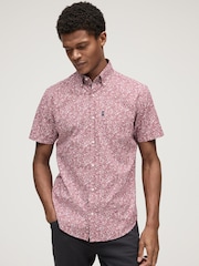Burgundy Red Floral Easy Iron With Button Down Collar Short Sleeve Oxford Shirt - Image 1 of 8