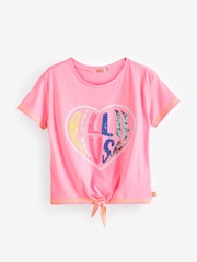 Billieblush Pink Glitter Heart Logo Cropped Tie Front T-Shirt - Image 1 of 3