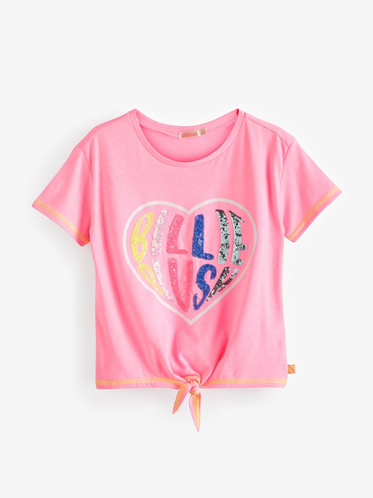 Billieblush Pink Glitter Heart Logo Cropped Tie Front T-Shirt - Image 1 of 3