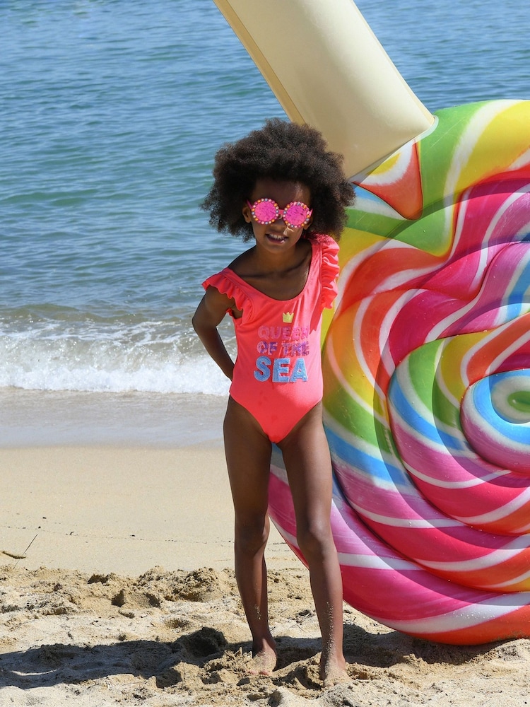 Billieblush Pink Low Back Frill Sleeve Swimsuit - Image 1 of 4 Billieblush Pink Low Back Frill Sleeve Swimsuit - Image 1 of 4