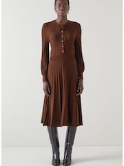 LK Bennett Susannah Rib Knit Pleated Brown Dress - Image 2 of 4