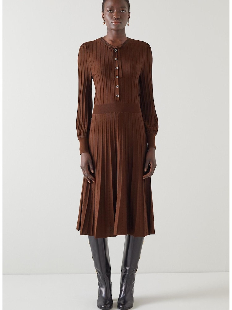 LK Bennett Susannah Rib Knit Pleated Brown Dress - Image 2 of 4