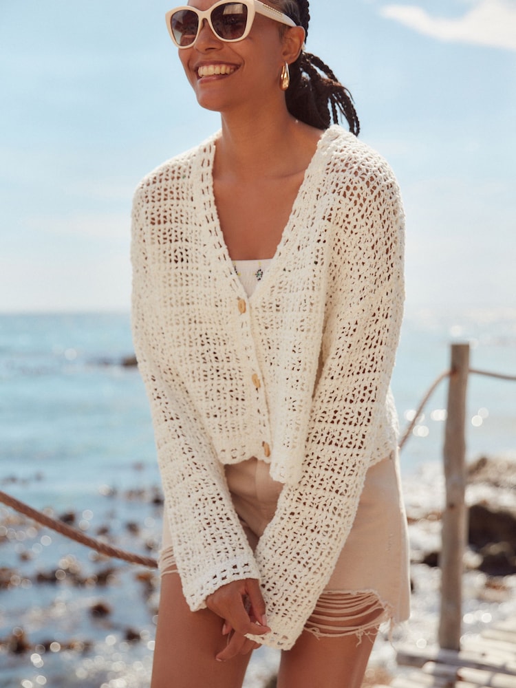 White Stitch Button Through Cardigan - Image 1 of 7