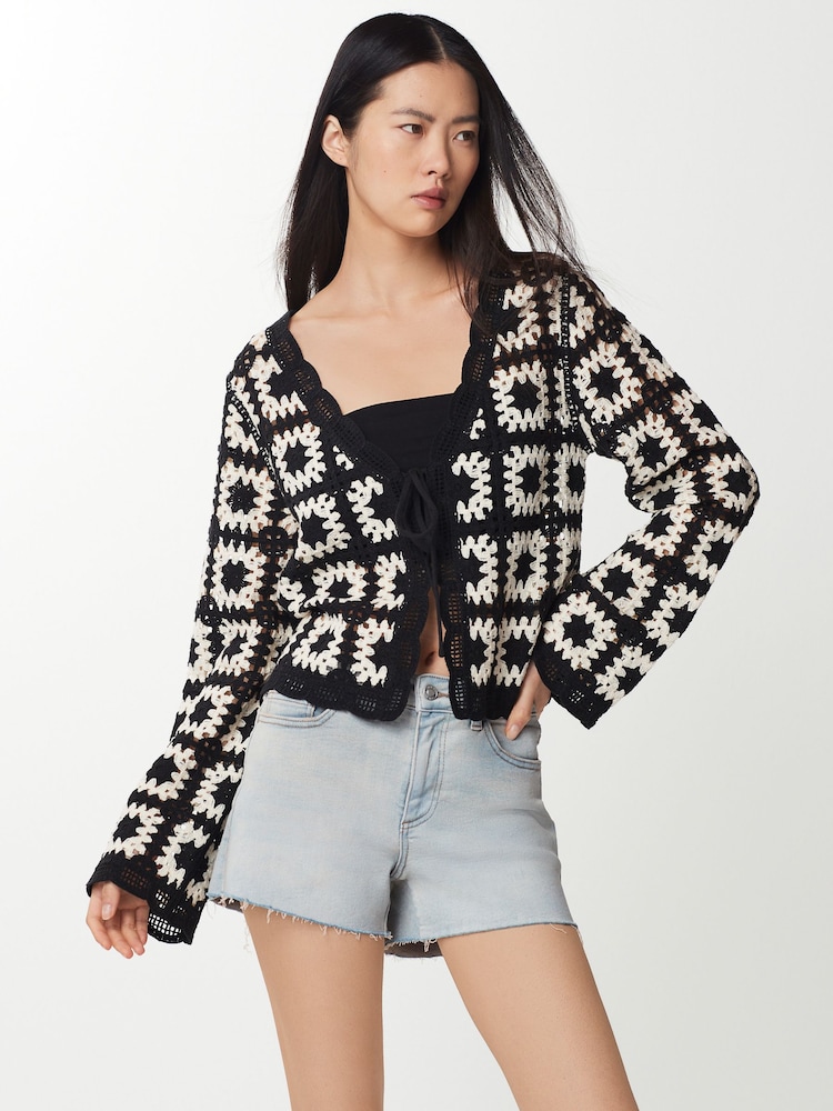 Black/White Longe Sleeve Crochet Cardigan - Image 1 of 7