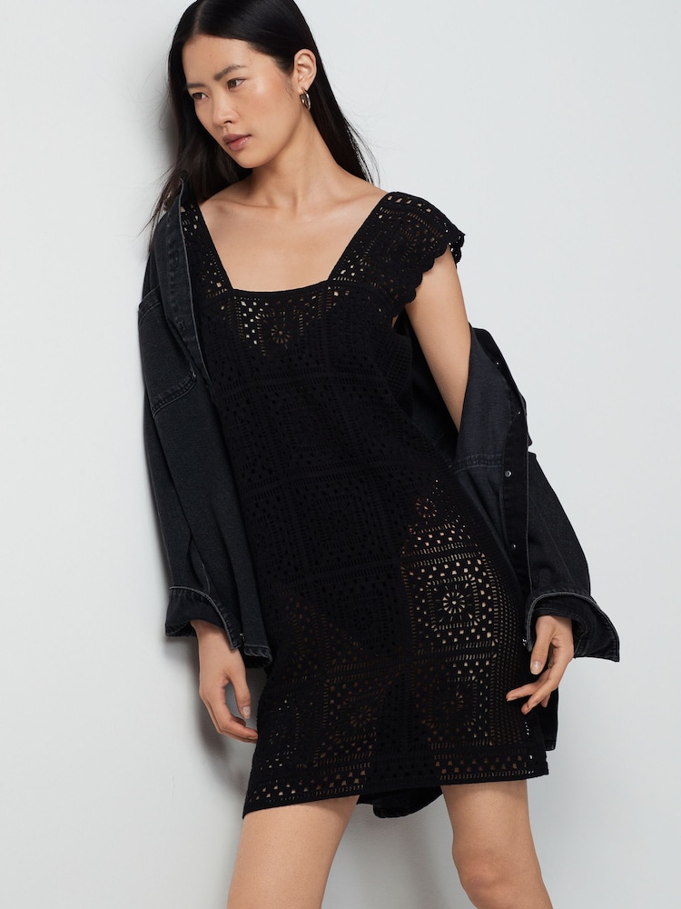 Black Crochet Square Neck Mini Dress - Image 1 of 4