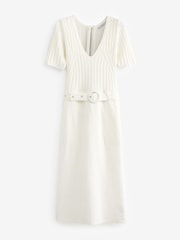 Ecru, Weiß - Kurzärmeliges Midikleid aus Gewebemix - Bild 4 von 5