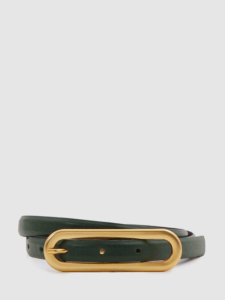 Reiss Green Chaya Thin Leather Elongated Buckle Belt - Image 1 of 4 Reiss Green Chaya Thin Leather Elongated Buckle Belt - Image 1 of 4