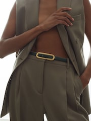 Reiss Green Chaya Thin Leather Elongated Buckle Belt - Image 2 of 4